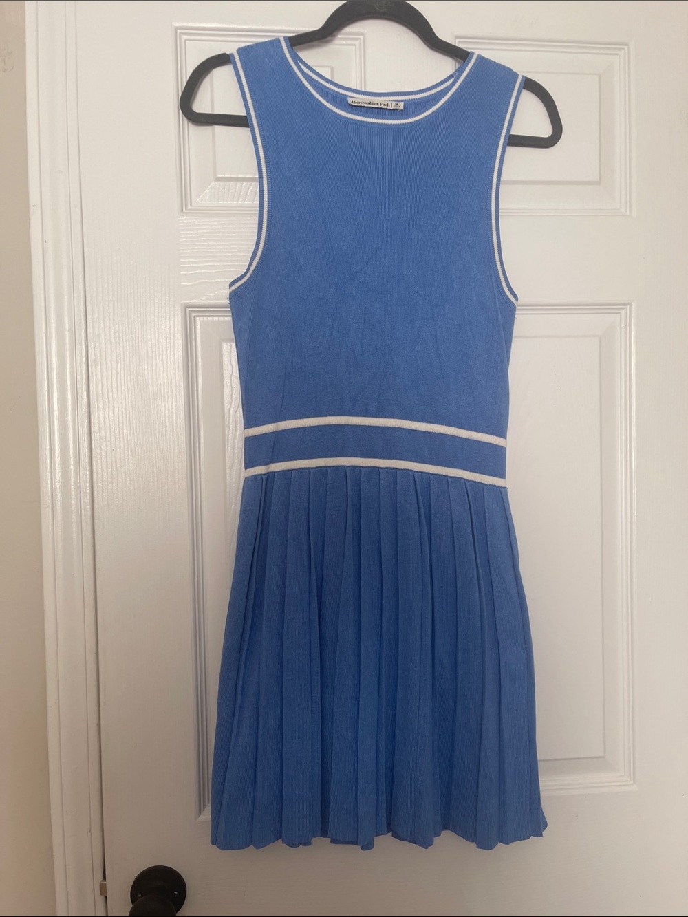 Abercrombie & Fitch Blue Sleeveless Pleated Dress with White Trim